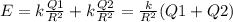 E=k \frac{Q1}{R ^{2} }+k \frac{Q2}{R ^{2} }= \frac{k}{R ^{2} } (Q1+Q2)