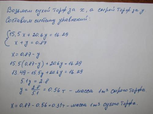 15,5 куб. м. сухого и 20,6 куб. м. сырого торфа имеют массу 16,29 т. определите отдельную массу 1 ку