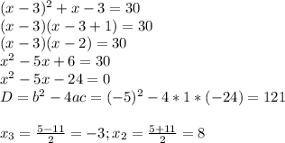 (x-3)^2+x-3=30 \\ (x-3)(x-3+1)=30 \\ (x-3)(x-2)=30 \\ x^2-5x+6=30 \\ x^2-5x-24=0 \\ D=b^2-4ac=(-5)^2-4*1*(-24)=121 \\ \\ x_3= \frac{5-11}{2} =-3;x_2= \frac{5+11}{2} =8