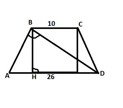 )найти площадь равнобедренной трапеции, у которой длины оснований равны 10см и 26см, а диагонали пер