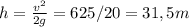 h= \frac{v ^{2} }{2g} =625/20=31,5m