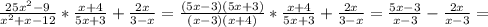 \frac{25 x^{2}-9}{ x^{2}+x-12}*\frac{x+4}{5x+3}+\frac{2x}{3-x} = \frac{(5x-3)(5x+3)}{(x-3)(x+4)} * \frac{x+4}{5x+3}+\frac{2x}{3-x}=\frac{5x-3}{x-3}-\frac{2x}{x-3}=