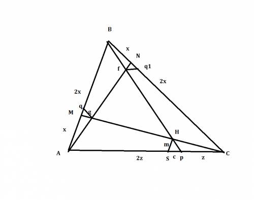 Точки m, n и p лежат на сторонах ав, вс, ас треугольника авс, причем am/ab= bn /bc= cp /ca = 1/ 3 .