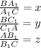 \frac{BA_{1}}{A_{1}C}=x \\ &#10; \frac{BC_{1}}{C_{1}A}=y \\ &#10; \frac{AB_{1}}{B_{1}C}=z \\&#10; &#10;