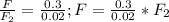 \frac{F}{F _{2} } = \frac{0.3}{0.02} ; &#10;F= \frac{0.3}{0.02}*{F _{2}