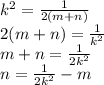 k^2= \frac{1}{2(m+n)} \\ 2(m+n)= \frac{1}{k^2} \\ m+n= \frac{1}{2k^2} \\ n=\frac{1}{2k^2}-m