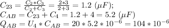 C_{23}=\frac{C_2*C_3}{C_2+C_3}=\frac{2*3}{2+3}=1.2 \ (\mu F); \\ C_{AB}=C_{23}+C_4=1.2+4=5.2 \ (\mu F) \\ Q_{AB}=U_4*C_{AB}=20*5.2*10^{-6}=104*10^{-6}