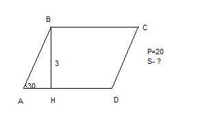 Периметр параллелограмма авсд равен 20.найдите площадь параллелограмма,если высота вн,проведенная к