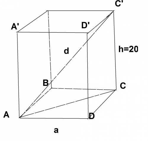 Вправильной четырехугольный призме высота равна 20 см. диагональ образует угол 45° градусов с плоско