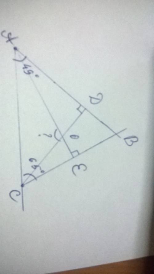 Два угла треугольника равны 49 гр и 65 гр. найдите тупой угол , который образует высоты треугольника
