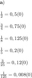 \bold{a)} \\ \\ \frac{1}{2} = 0,5(0) \\ \\ \frac{3}{4} = 0,75(0) \\ \\ \frac{1}{8} = 0,125(0) \\ \\ \frac{1}{5} = 0,2(0) \\ \\ \frac{3}{25} = 0,12(0) \\ \\ \frac{1}{125} = 0,008(0) \\ \\