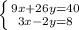 \left \{ {{9x+26y=40} \atop {3x-2y=8}} \right.