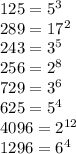 125=5^3\\289=17^2\\243=3^5\\256=2^8\\729=3^6\\625=5^4\\4096=2^{12}\\1296=6^4