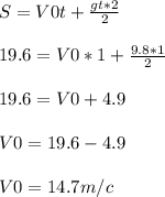 S=V0t+ \frac{gt*2}{2} \\ \\ 19.6=V0*1+ \frac{9.8*1}{2} \\ \\ 19.6=V0+4.9 \\ \\ V0=19.6-4.9 \\ \\ V0=14.7 m/c