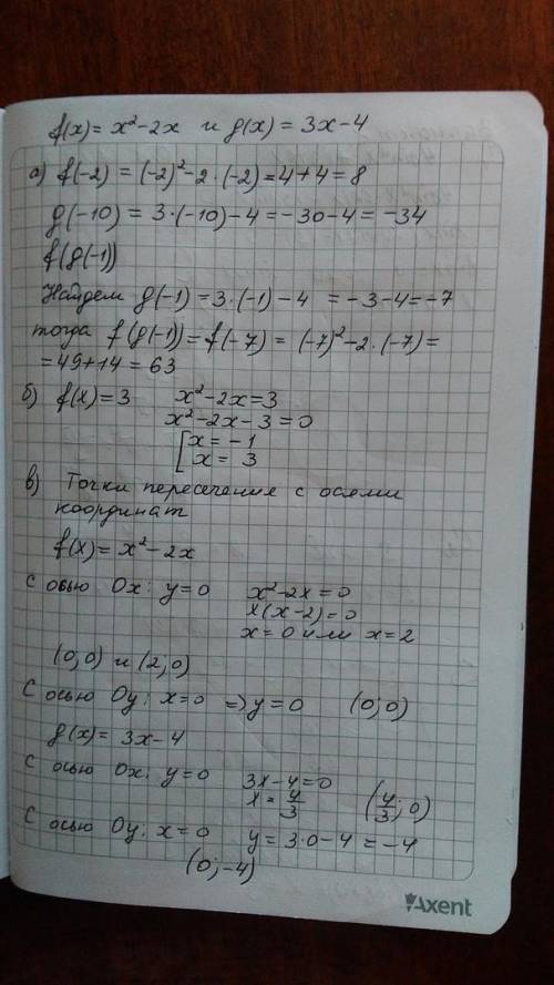 Даны функции: f(x)=x²-2x и g(x)=3x-4. найдите: а) f(-2); g(-10); f(g(- б) значения x, при которых f(