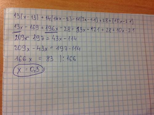 Решить 13(х-13)+14(14х- 2)=11(3х-11)+28+(10х-21)