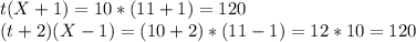 t(X+1)=10*(11+1)=120 \\ (t+2)(X-1)=(10+2)*(11-1)=12*10=120