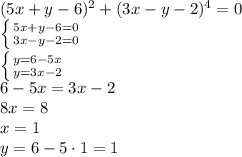 (5x+y-6)^2+(3x-y-2)^4=0&#10;\\\&#10; \left \{ {{5x+y-6=0} \atop {3x-y-2=0}} \right. &#10;\\\&#10; \left \{ {{y=6-5x} \atop {y=3x-2}} \right. &#10;\\\&#10;6-5x=3x-2&#10;\\\&#10;8x=8&#10;\\\&#10;x=1&#10;\\\&#10;y=6-5\cdot1=1
