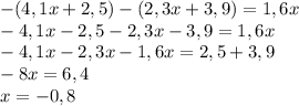 -(4,1x+2,5)-(2,3x+3,9)=1,6x \\ &#10;-4,1x-2,5-2,3x-3,9=1,6x \\ &#10;-4,1x-2,3x-1,6x=2,5+3,9 \\ &#10;-8x=6,4 \\ &#10;x=-0,8&#10;