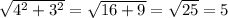 \sqrt{ 4^{2} +3^{2} } = \sqrt{16+9} = \sqrt{25} =5