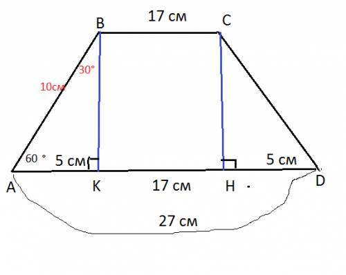 Основания равнобокой трапеции равны 17 см. и 27 см, а острый угол равен 60 градусов. найдите перимет