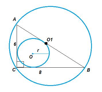 Abc- прямоуг трейгольник его катеты 6 и 8 .найти гипотенузу ,площадь ,радиус вписанной описанной окр