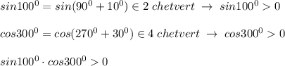 sin100^0=sin(90^0+10^0)\in 2\; chetvert\; \to \; sin100^00\\\\cos300^0=cos(270^0+30^0)\in 4\; chetvert\; \to \; cos300^00\\\\sin100^0\cdot cos300^00