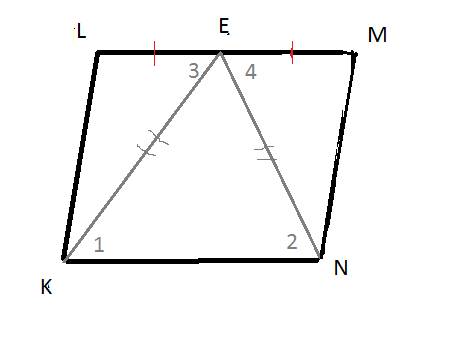 Впараллелограмме klmn точка e - середина lm. известно, что ek = en. докажите, что заданный параллело