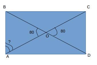 Угол между диагоналями прямоугольника равен 80. найдите угол между диагональю и меньшей стороной пря