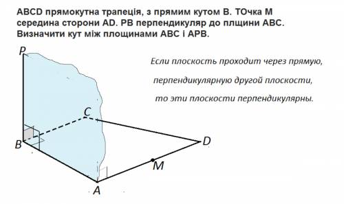 Abcd прямокутна трапеція, з прямим кутом в. точка м середина сторони ad. рв перпендикуляр до плщини