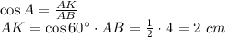 \cos A= \frac{AK}{AB} \\ AK=\cos 60а\cdot AB= \frac{1}{2} \cdot 4=2\,\, cm