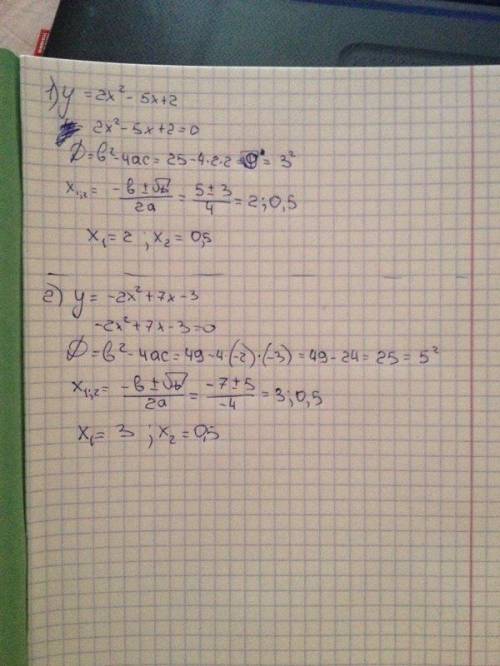 Решите, , 1) у=2х^2-5х+2 2) у=-2х^2+7х-3 p.s. ^2 - это значит в квадрате
