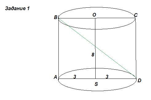 1. радиус основания цилиндра 3 см., а высота 8 см. найти диагональ осевого сечения цилиндра (с рисун