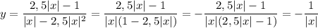 y=\dfrac{2,5|x| - 1}{|x| - 2,5|x|^{2}} = \dfrac{2,5|x| - 1}{|x|(1 - 2,5|x|)} = -\dfrac{2,5|x| - 1}{|x|(2,5|x| - 1)} = -\dfrac{1}{|x|}