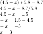 (4.5-x)*5.8=8.7\\4.5-x=8.7/5.8\\4.5-x=1.5\\-x=1.5-4.5\\-x=-3\\x=3