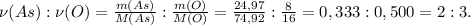 \nu(As) : \nu(O) = \frac {m(As)}{M(As)} : \frac {m(O)}{M(O)} = \frac{24,97}{74,92} : \frac{8}{16} = 0,333 : 0,500 = 2 : 3.