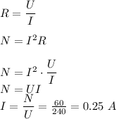 R= \dfrac{U}{I} \\ \\ N=I^2R \\ \\ N=I^2\cdot \dfrac{U}{I} \\ N=UI \\ I= \dfrac{N}{U} = \frac{60}{240} =0.25 \,\, A