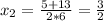 x_2=\frac{5+13}{2*6}=\frac{3}{2}