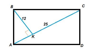 Впрямоугольнике диагональ=25; высота , проведенная на диагональ = 12; найти периметр прямоугольника