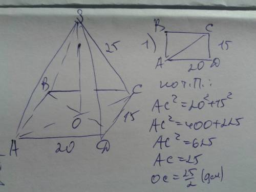 Дана чётырёхугольная пирамида, основание которой прямоугольник со сторонами 15 и 20дм. боковые рёбра