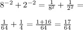 8^{-2}+2^{-2}=\frac{1}{8^2}+\frac{1}{2^2}=\\\\\frac{1}{64}+\frac{1}{4}=\frac{1+16}{64}=\frac{17}{64}