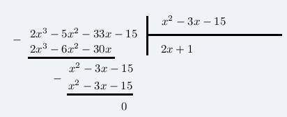 1.выполните деление многочлена 2x^3-5x^2-33x-15 на многочлен x^2-3x-15 2. решите уравнение x^3+9x^2+