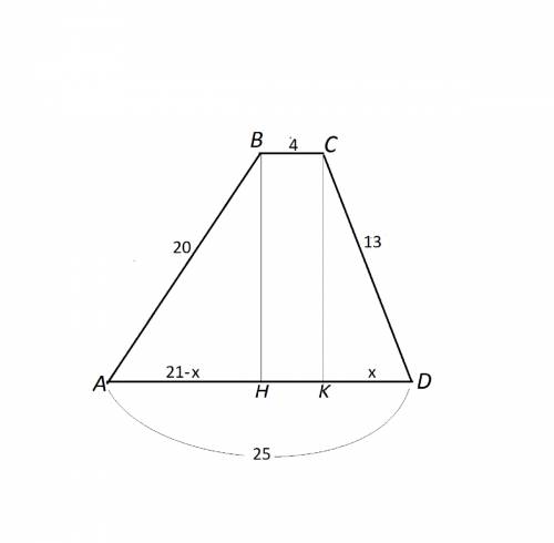 Втрапеции параллельные стороны равны 25 и 4 а боковые стороны 20 и 13 см найдите площадь трапеции