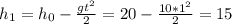 h_1=h_0- \frac{gt^2}{2}=20- \frac{10*1^2}{2}=15