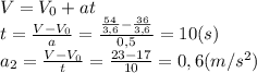 V=V_0+at\\t=\frac{V-V_0}{a}=\frac{\frac{54}{3,6}-\frac{36}{3,6}}{0,5}=10(s)\\a_2=\frac{V-V_0}{t}=\frac{23-17}{10}=0,6(m/s^2)