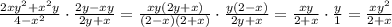 \frac{2xy^2+x^2y}{4-x^2} \cdot \frac{2y-xy}{2y+x}= \frac{xy(2y+x)}{(2-x)(2+x)} \cdot \frac{y(2-x)}{2y+x}= \frac{xy}{2+x} \cdot \frac{y}{1}= \frac{xy^2}{2+x}