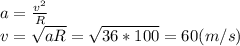 a=\frac{v^2}{R}\\v=\sqrt{aR}=\sqrt{36*100}=60(m/s)