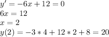 y'=-6x+12=0\\6x=12\\x=2\\y(2)=-3*4+12*2+8=20