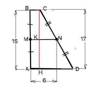 Боковые стороны прямоугольной трапеции 15 и 17 см, средняя линия mn=6 см найти основания трапеции. :