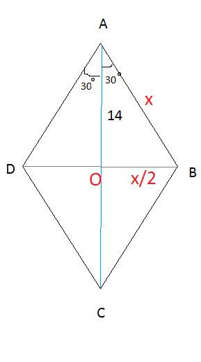 Вромбе abcd угол a=60,ac=28 и диагонали пересекаются в точке o. найдите высоты ромба